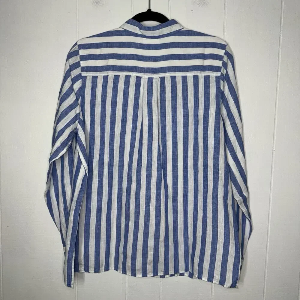J. Jill Love Linen Women’s Striped Button Up Long Sleeve Cabana Blue Coastal M - Picture 2 of 5